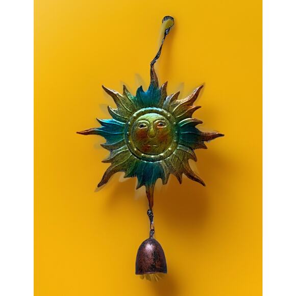 Iridescent Metal Sun Wall Art, Hand-Painted 14.25”D + Hanging Wind Chime 13" T - Picture 3 of 4